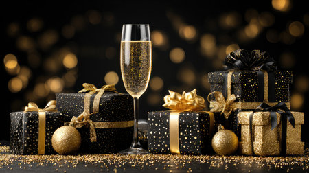 A stunning arrangement showcasing an elegant champagne glass alongside beautifully wrapped gift boxes in black and gold, perfect for festive celebrations.の素材