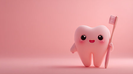 A delightful cartoon tooth character holds a toothbrush against a soft pink backdrop, perfect for promoting dental health and hygiene for children.の素材