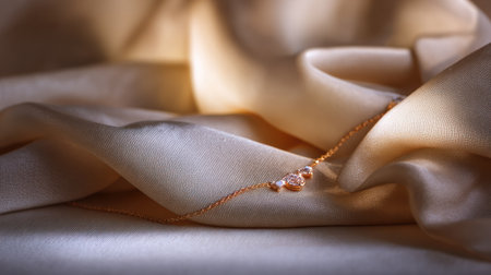 This image captures a delicate gold bracelet elegantly laid on soft satin fabric, emphasizing the intricate details and luxurious textures that highlight its beauty.の素材