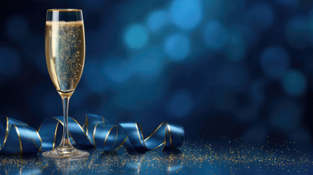 A sparkling champagne glass filled with bubbles sits alongside a stylish blue ribbon against a dreamy dark blue backdrop, perfect for celebrations.の素材
