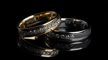 This stunning image captures a pair of elegant gold and silver wedding rings adorned with sparkling diamonds, reflecting on a sleek black surface.の素材