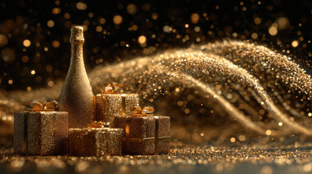 A stunning arrangement of a champagne bottle and beautifully wrapped gold gift boxes, enveloped by a cascade of sparkling golden particles, creating a luxurious festive ambiance perfect for celebrations and special occasions.の素材