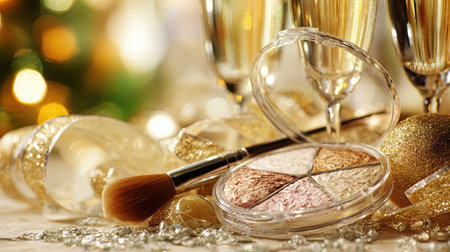 This elegant arrangement features shimmering makeup products, sparkling drinks, and festive decorations, perfect for celebrations and stylish events.の素材