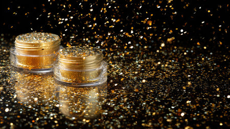 Captivating image of shimmering gold glitter in small containers, set against a sparkling dark background, perfect for creative projects and festive themes.の素材