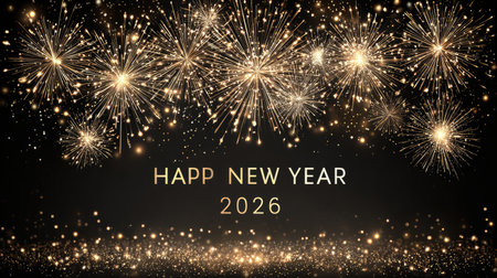 Celebrate the arrival of 2026 with this vibrant and festive design featuring sparkling fireworks, golden text, and a joyful atmosphere ideal for New Year's events.の素材
