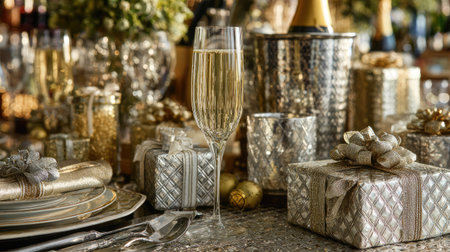 This image showcases a glamorous holiday table setting adorned with a champagne glass, sparkling decorations, and beautifully wrapped silver gifts, creating a warm festive atmosphere.の素材