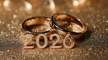 Beautiful wedding rings set on a sparkling background featuring the year 2026, symbolizing love and commitment, ideal for celebrations and announcements.の素材