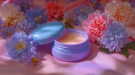 A pastel cosmetic jar open and showcasing its creamy content is artistically placed among vibrant flowers, creating a serene and calming ambiance.の素材