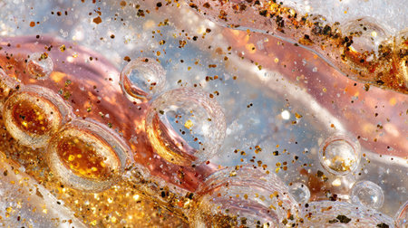 A captivating close-up of bubbles and glitter suspended in a shimmering liquid, creating a mesmerizing visual effect reminiscent of elegance and beauty.の素材