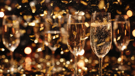 A vibrant scene featuring sparkling champagne flutes amidst falling golden confetti, creating a festive atmosphere perfect for celebrations, parties, and special moments.の素材