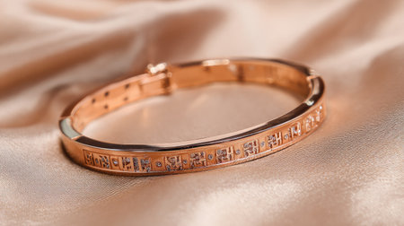 This stunning rose gold bracelet rests elegantly on a soft satin surface. Its intricate design features sparkling stones, perfect for fashion lovers.の素材