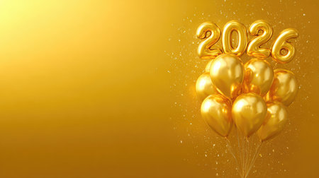 A vibrant display of golden balloons featuring the year 2026, perfect for celebrating New Year. The bright yellow background adds a festive touch to any event.の素材