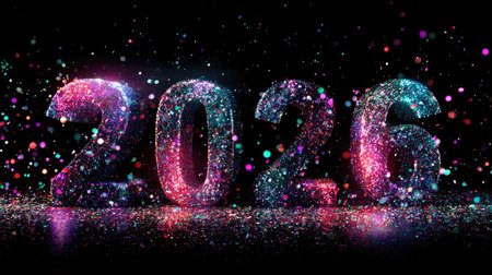 Colorful and vibrant depiction of the year 2026, featuring holographic numbers illuminated by sparkling glitter and confetti, perfect for festive New Year themes.の素材