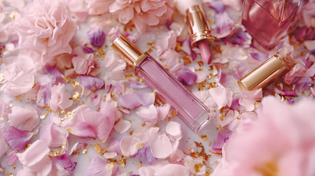 Discover an exquisite arrangement of beauty products set among delicate pink rose petals and shimmering gold accents, creating a luxurious and serene aesthetic.の素材
