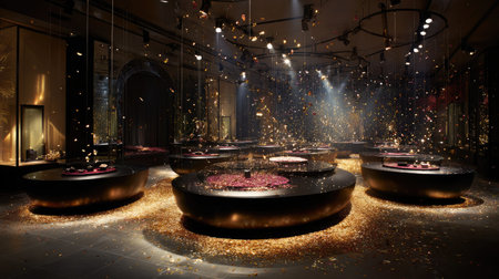 An elegant luxury event space showcasing modern design elements, sophisticated lighting, and artistic floral displays, ideal for upscale celebrations.の素材