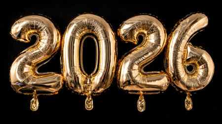 A striking image of gold foil number balloons displaying the year 2026 against a black background, perfect for celebratory themes and event decorations.の素材