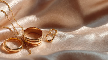 A stunning arrangement of gold jewelry pieces, including wedding bands and a delicate necklace, rests on a soft satin fabric, exuding elegance and charm.の素材