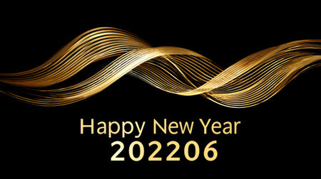 This stunning image features elegant gold waves flowing across a black background, highlighting the text "Happy New Year 2022". Ideal for festive greetings.の素材
