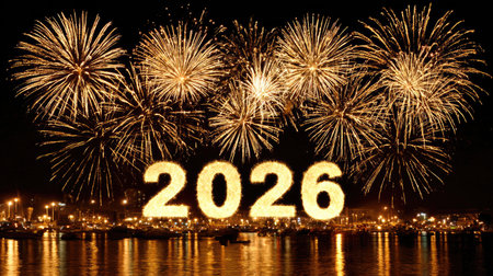 A vibrant and colorful fireworks display lights up the night sky to celebrate the arrival of 2026. The bright explosions reflect beautifully over the water, creating a festive atmosphere perfect for welcoming the New Year.の素材