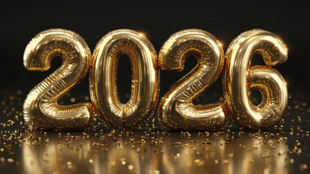 Bright and festive gold number balloons representing 2026 create a stunning visual for New Year celebrations, surrounded by shimmering confetti on a reflective surface.の素材