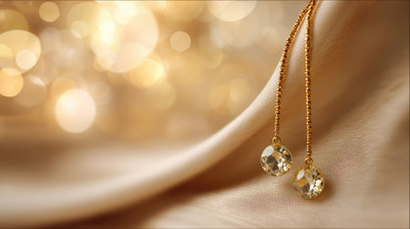 This stunning image features elegant gold earrings with sparkling crystal stones, elegantly placed on soft fabric. The dreamy bokeh background adds a touch of luxury and glamour.の素材