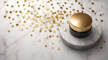 A stunning beauty cream jar featuring a luxurious gold lid rests on a smooth marble surface, accentuated by scattered gold confetti, creating an elegant display.の素材