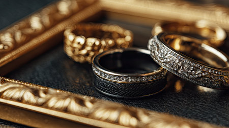 This stunning image showcases a collection of luxurious rings, beautifully arranged within an ornate gold frame, highlighting their exquisite craftsmanship and design.の素材