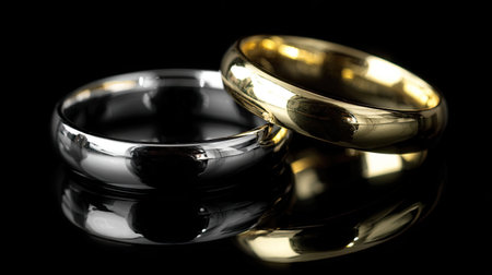 This stunning image showcases a pair of elegant wedding rings, one in silver and one in gold, beautifully reflecting against a dark background.の素材