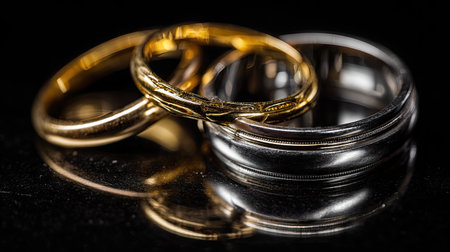 This close-up image captures three distinct wedding bands in gold and silver against a dark reflective surface, symbolizing love and commitment.の素材