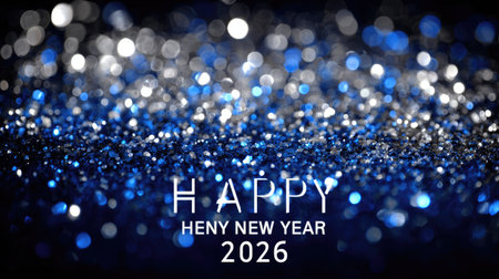 A vibrant and festive blue glitter background featuring the text 'Happy New Year 2026.' Ideal for seasonal celebrations, party invitations, and greeting cards.の素材