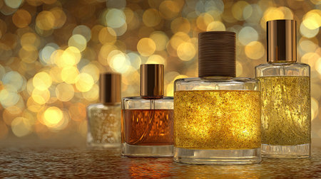 This stunning image features elegant bottles of perfume against a warm bokeh background. The shimmering gold and soft light create a luxurious atmosphere, perfect for capturing the essence of beauty and fragrance.の素材