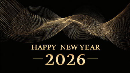 Stunning image featuring elegant golden waves and the text "Happy New Year 2026," perfect for invitations and promotional materials celebrating the new year.の素材