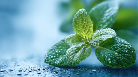 Lush green mint leaves glisten with dew drops on a dark surface, set against a soft blue background. Ideal for culinary themes, nature, and wellness.の素材