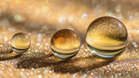 This stunning close-up image captures three water droplets on a golden surface. The shimmering background creates a dreamy effect that enhances the beauty and elegance of the scene.の素材