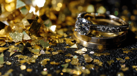 A stunning diamond engagement ring alongside a wedding band, beautifully set on a backdrop of shimmering gold glitter, perfect for festivities.の素材