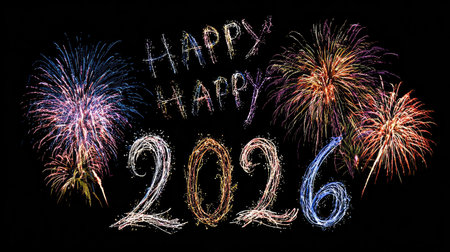 A captivating fireworks display lights up the night sky, celebrating New Year 2026 with vibrant colors and explosive sparkles. Perfect for festive themes.の素材