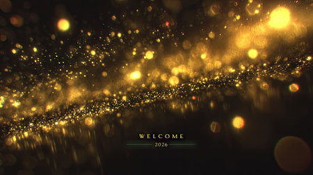A stunning image featuring shimmering golden particles on a dark background, perfect for celebrating the New Year 2026 with elegance and warmth.の素材