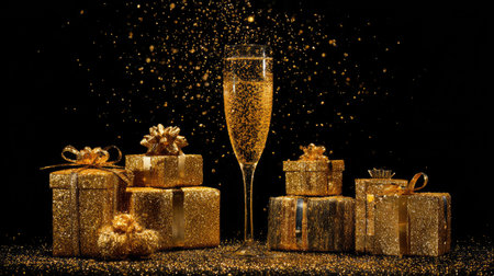A stunning image of a sparkling champagne glass surrounded by elegantly wrapped gold gifts, perfect for capturing the essence of celebration and luxury.の素材