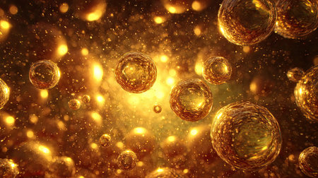 Stunning abstract image featuring golden bubbles gracefully floating amidst a blurred background, enhanced by sparkling light effects and fine particles.の素材