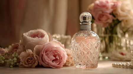 This stunning image features a graceful perfume bottle beautifully complemented by soft pink roses, creating a romantic and elegant atmosphere perfect for beauty and lifestyle themes.の素材