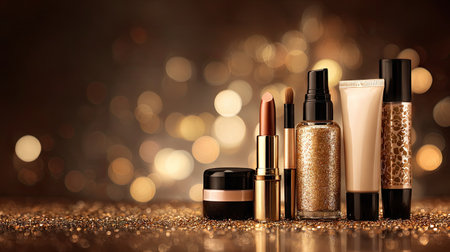 A captivating arrangement of glamorous makeup products elegantly displayed against a shimmering background, perfect for beauty promotions or fashion themes.の素材