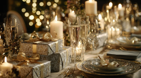 A beautifully arranged holiday dinner table adorned with twinkling lights, elegant dinnerware, sparkling champagne glasses, and gift-wrapped surprises.の素材