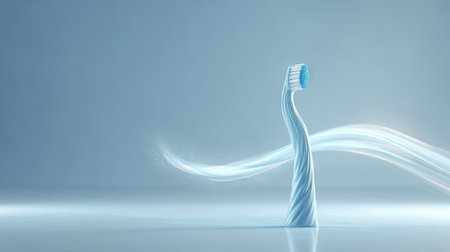 This artistic image features a toothbrush in a dynamic pose, conveying motion through soft colors and waves, symbolizing cleanliness and dental hygiene.の素材