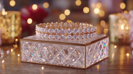 A beautiful jewelry box featuring exquisite sparkling bracelets resting on soft surfaces. Soft festive lights create a warm and elegant atmosphere.の素材