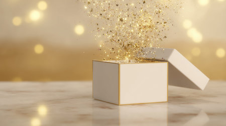 A visually captivating image of a white gift box with a golden outline, bursting with enchanting gold sparkles, set against a marble background.の素材