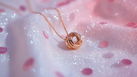 This image showcases a stunning rose gold pendant necklace resting on a shimmering fabric adorned with delicate polka dots, emphasizing elegance and beauty.の素材