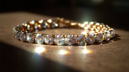 This captivating image showcases an elegant gold bracelet embellished with sparkling clear crystals, beautifully reflecting light against a soft brown background.の素材