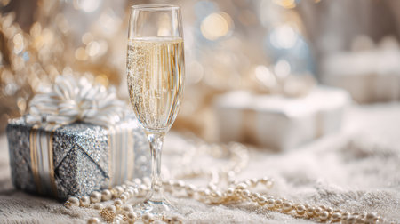 This image features an elegant champagne glass filled with sparkling drink, elegantly positioned next to beautifully wrapped gifts, creating a festive and luxurious atmosphere perfect for celebrations.の素材