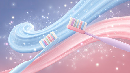 This vibrant image features colorful toothbrushes against a soft swirling background adorned with sparkles, symbolizing effective dental care and hygiene.の素材
