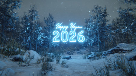 This enchanting winter forest scene features glowing neon lights that celebrate the arrival of the New Year 2026, surrounded by serene snow and trees.の素材